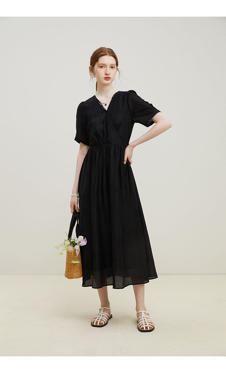 Women's V-neck Texture Tencel Jacquard Dress myETYN