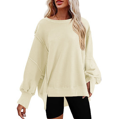 Pullover Sweatshirt Loose Round Neck Side Slit Long Sleeve Sports Sweatshirt For Women Tops - myETYN