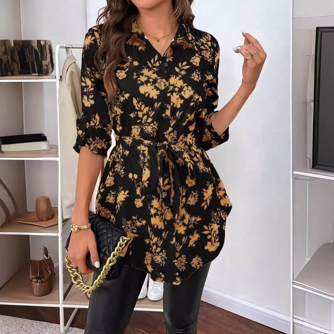 Spring And Summer New Elegant Women's Floral Print Belt Long Sleeve Shirt