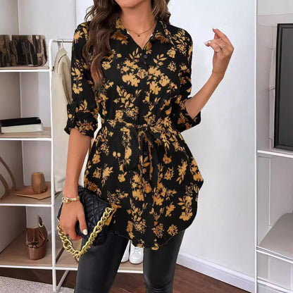 Spring And Summer New Elegant Women's Floral Print Belt Long Sleeve Shirt
