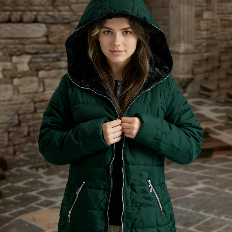 Ladies' Hooded Long-Sleeved Warm Cotton-Padded Jacket with Fleece