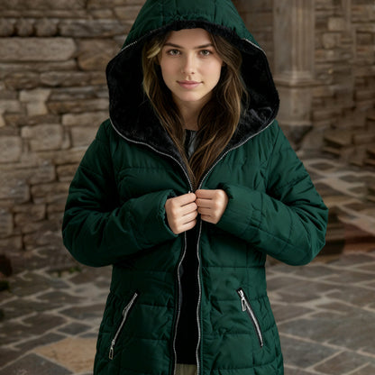 Ladies' Hooded Long-Sleeved Warm Cotton-Padded Jacket with Fleece
