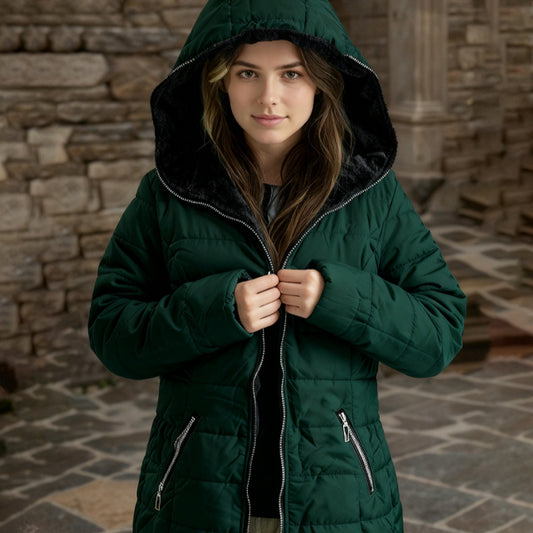 Ladies' Hooded Long-Sleeved Warm Cotton-Padded Jacket with Fleece