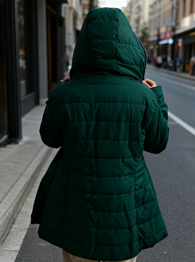 Ladies' Hooded Long-Sleeved Warm Cotton-Padded Jacket with Fleece