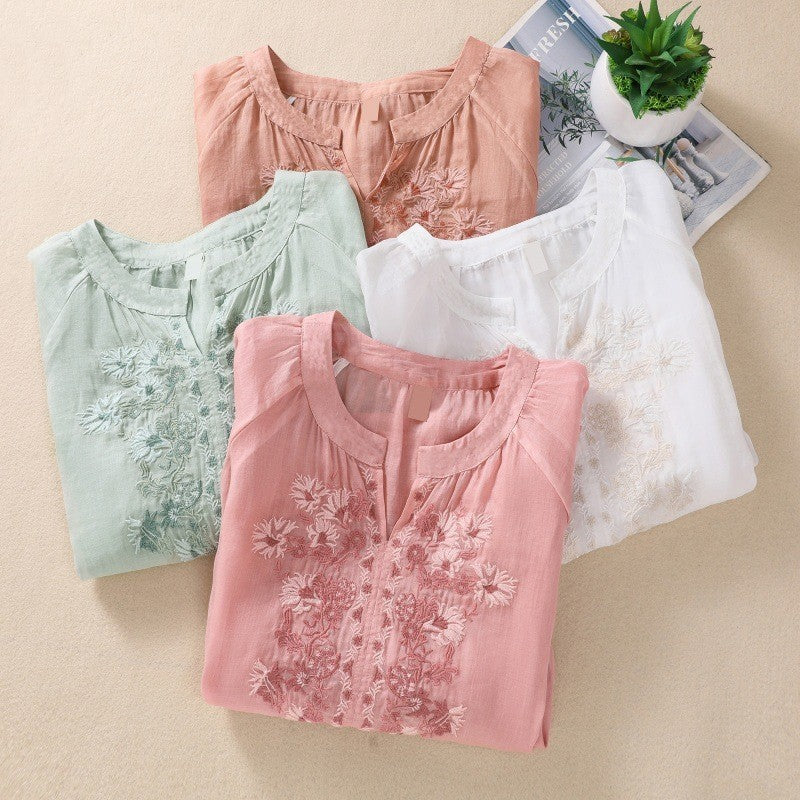 Women’s Cotton and Linen Embroidered Top | Three-Quarter Sleeve Floral Pullover Blouse – M to 4XL