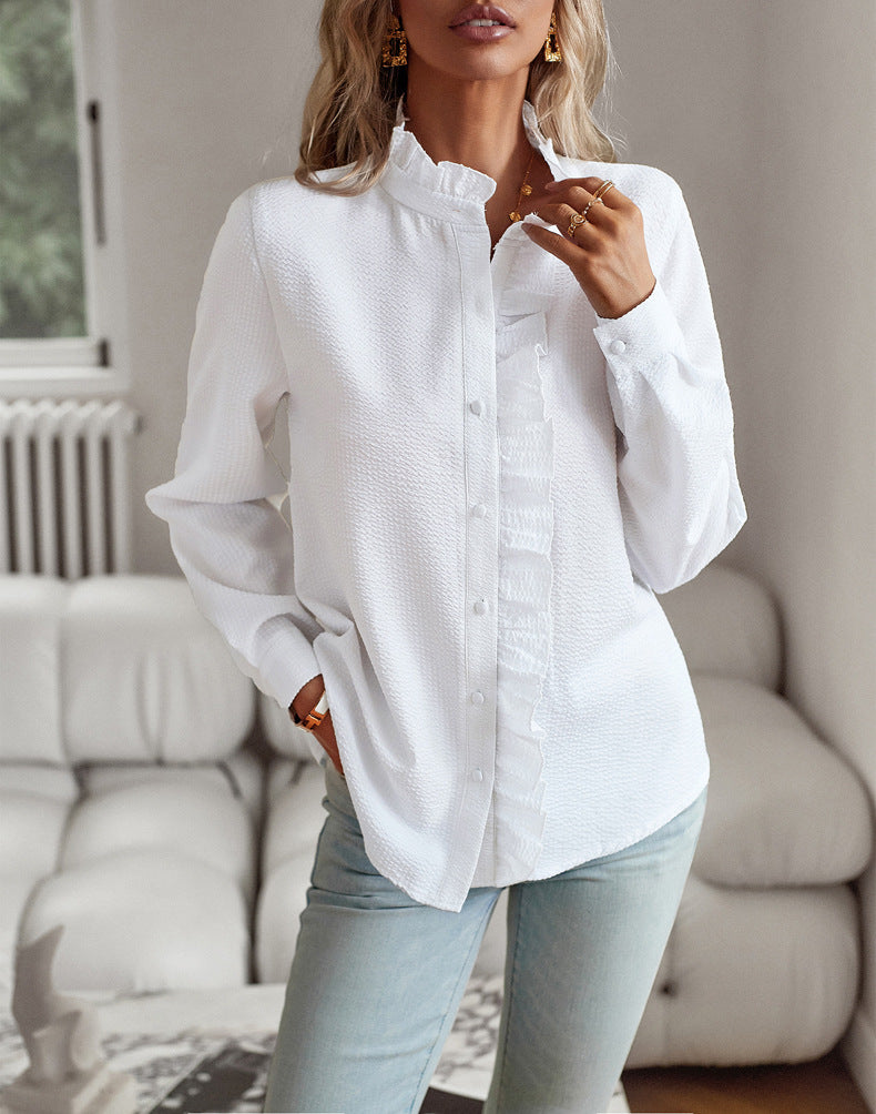 Women’s Striped Ruffle Blouse – Elegant Long Sleeve Button-Up Office Shirt