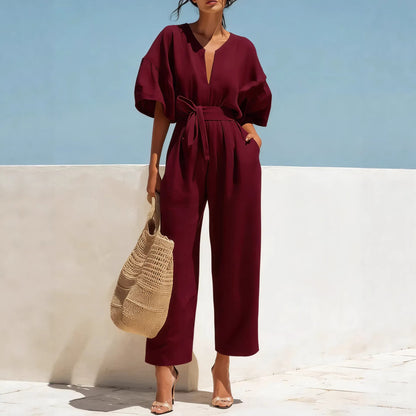 Fashionable V-Neck Cotton-Linen Jumpsuit for Women