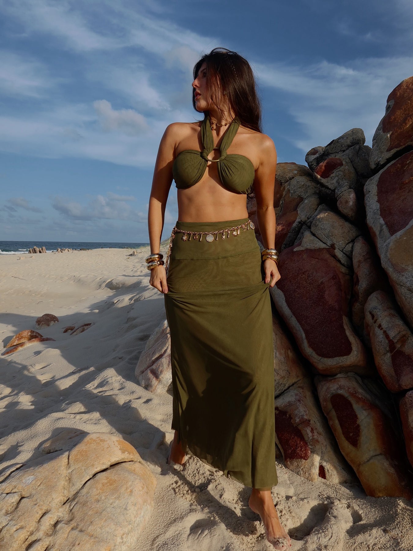 Olive Green Strappy Cropped Top & Hip-hugging Skirt Set