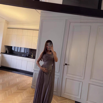 Pleated Ribbon Satin Evening Dress – Greyish Purple