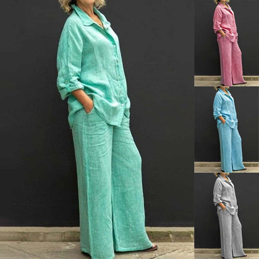 Women's Solid Color Casual Shirt Pants Suit