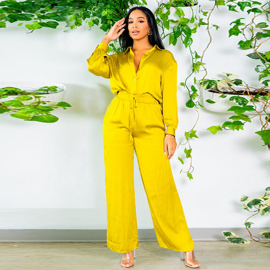 Women’s Elegant Two-Piece Set – Long Sleeve Shirt & Wide-Leg Trousers (Solid Color)