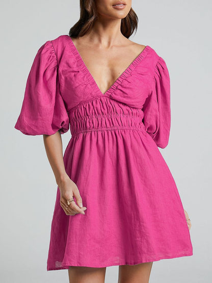 Women's Elegant Slim Cotton Puff Sleeve Dress