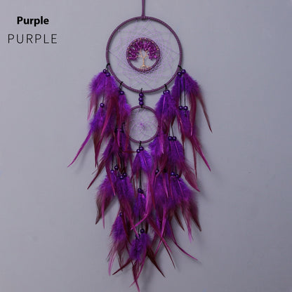 Indian Feather Dreamcatcher Colorful Crystal Stone Hand-woven Wind Chimes