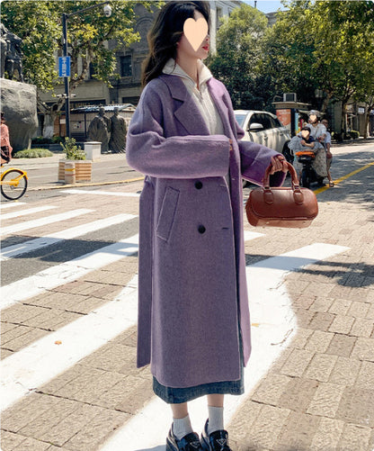 Loose Mid-length Lace-up Woolen Coat Women