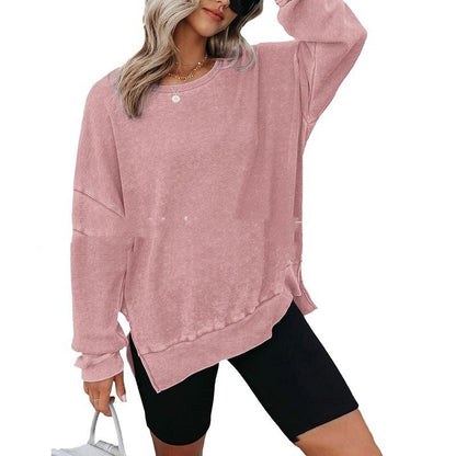 Round Neck Long Sleeve Side Slit Waffle Sweater