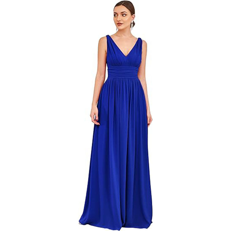 Women’s Deep V-neck Sleeveless Chiffon Maxi Evening Dress – Elegant Formal Long Gown