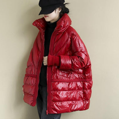 White Duck Down Artistic Stand-up Collar O-type Plus Size Women's Down Jacket Wool Stitching Design Style