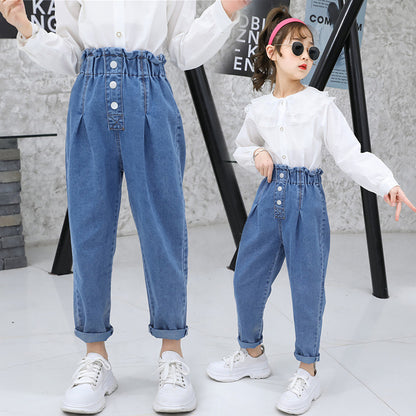 CUHK Korean Three-button Flower Bud Denim Trousers