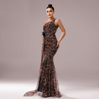 One-Shoulder Leopard Sequin Evening Sheath Dress