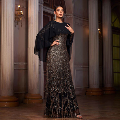 Elegant Long Sleeve Round Neck Sequined A-Line Evening Dress with Shawl – Black &amp; Gold
