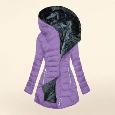 Women's Plush Hooded Mid-length Oblique Zipper Cotton-padded Coat