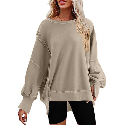 Pullover Sweatshirt Loose Round Neck Side Slit Long Sleeve Sports Sweatshirt For Women Tops - myETYN