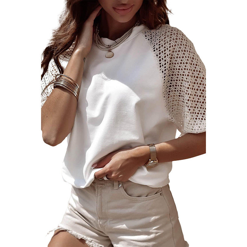 Women's Solid Color Casual Style Lace Stitching Loose Short Sleeve