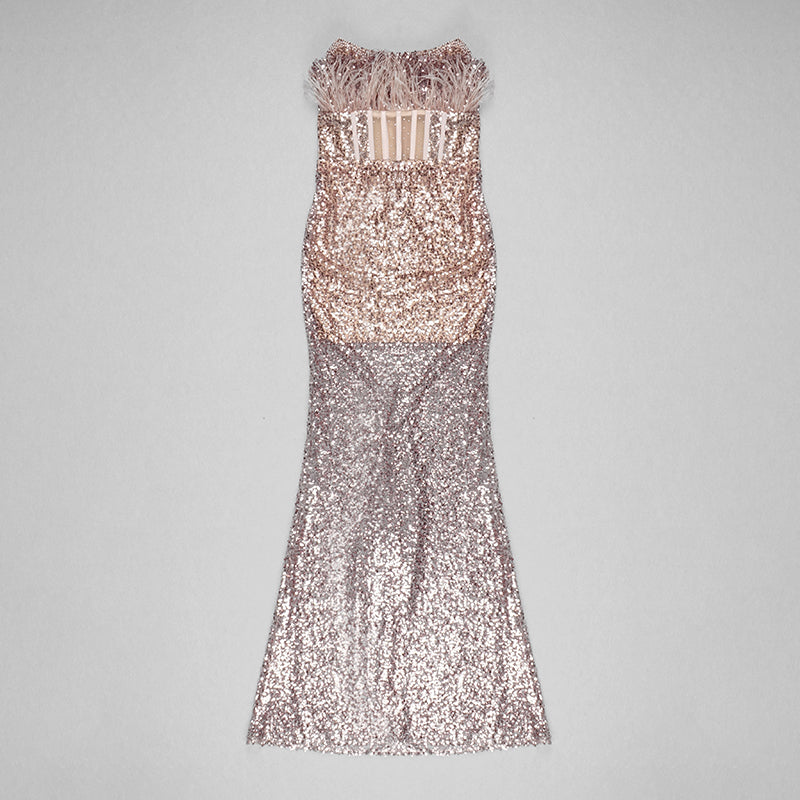 Feather Beaded Sequined Cutout Mesh Strapless Dress