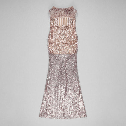 Feather Beaded Sequined Cutout Mesh Strapless Dress