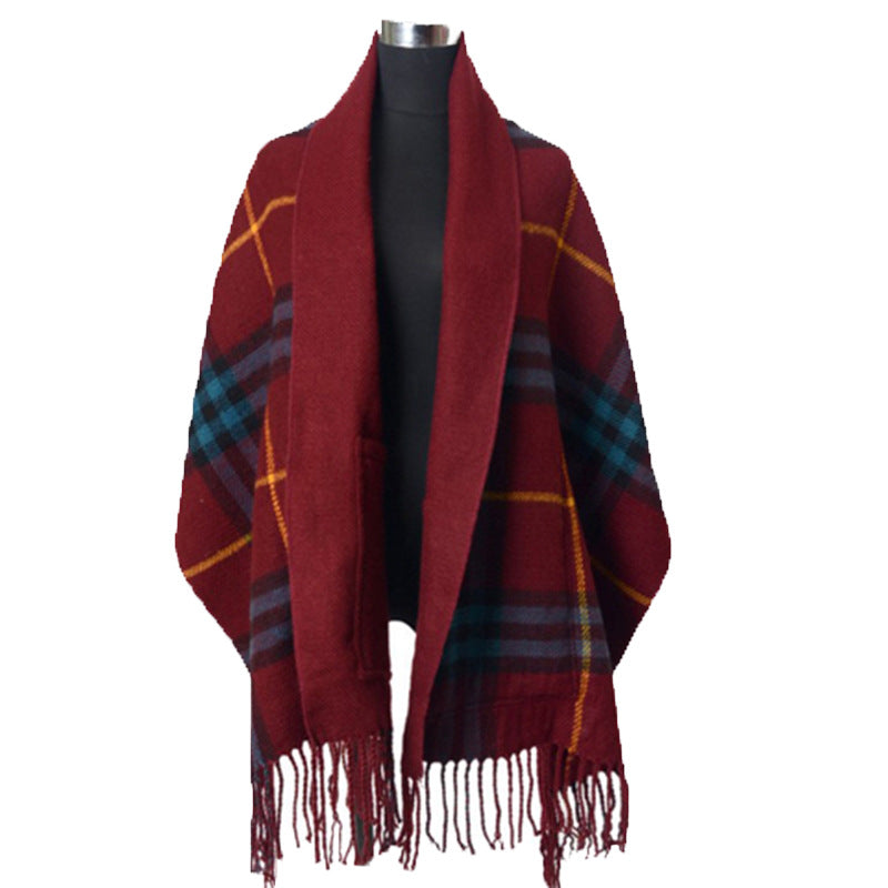 Cashmere Fringe Plaid Shawl with Pocket - myETYN