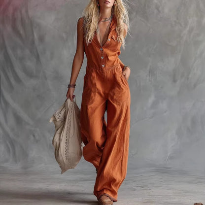 Women’s Solid Color Sleeveless V-Neck Button Jumpsuit