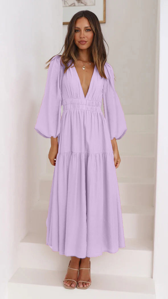 V-neck Waist-controlled Long Sleeves Dress Women