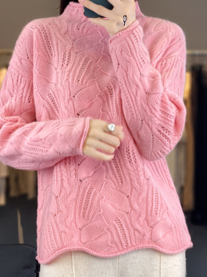 Women’s Half High Collar Wool Pullover Sweater – Autumn &amp; Winter Hollow Knit Design