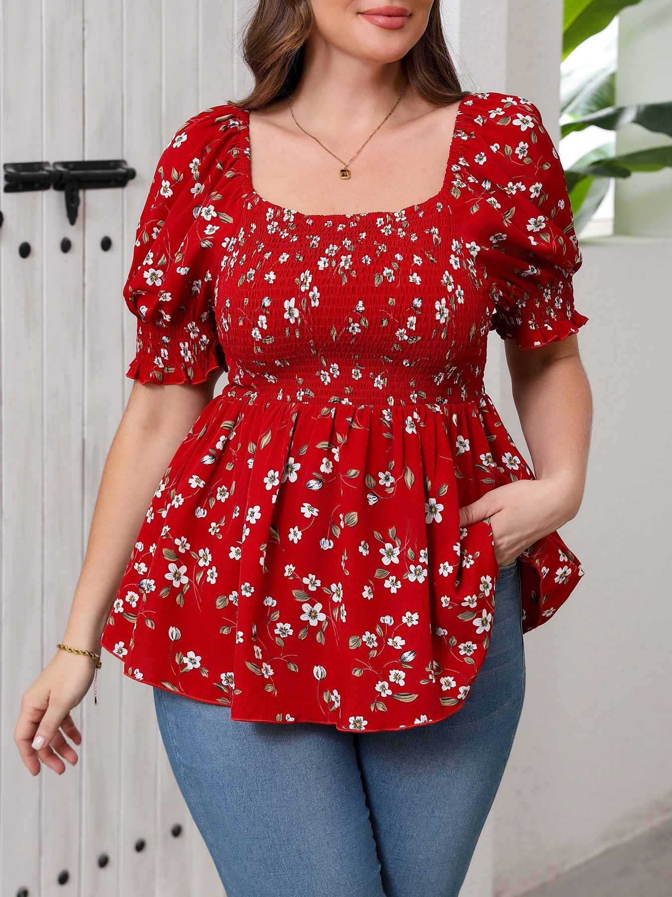 Women's Plus Size Elegant Floral Print Blouse - Summer Square Neck Short Sleeve Waist-Cinched Top For Work & Vacation