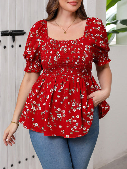 Women's Plus Size Elegant Floral Print Blouse - Summer Square Neck Short Sleeve Waist-Cinched Top For Work & Vacation