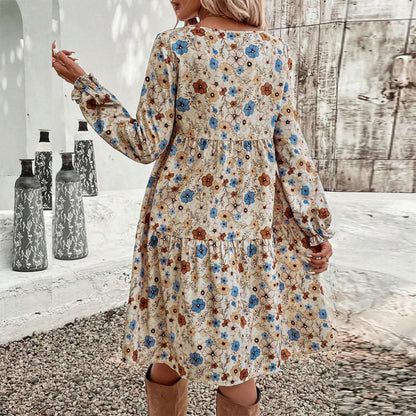 Women's Floral Print Boho Dress – Round Neck, Smocked Cuff, Midi Length