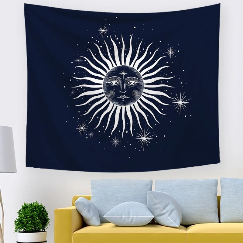 Sun And Moon Tapestry Black And White Burning Sun With Stars Tapestry Psychedelic Wall Tapestry Indian Tapestry For Room decor