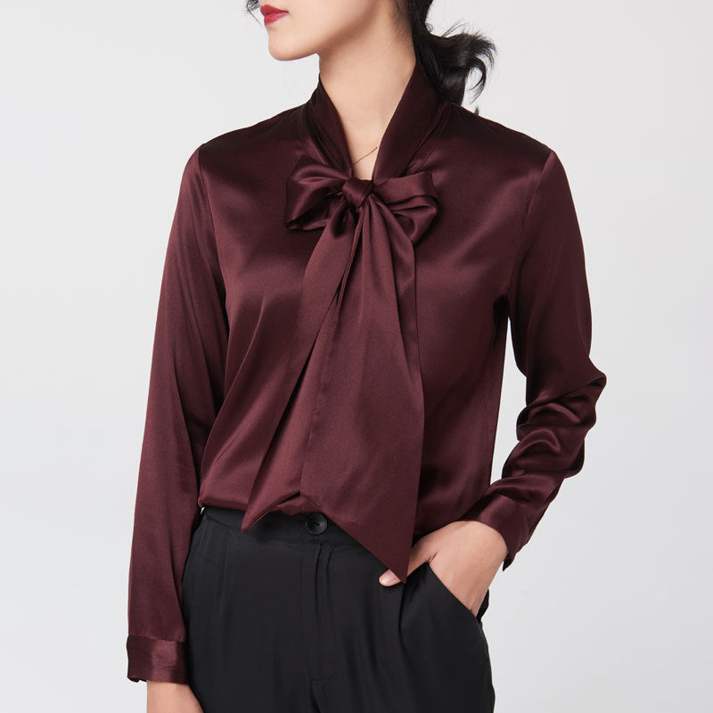 Women’s Long Sleeve Silk Shirt | Elegant V-Neck Plain Silk Blouse