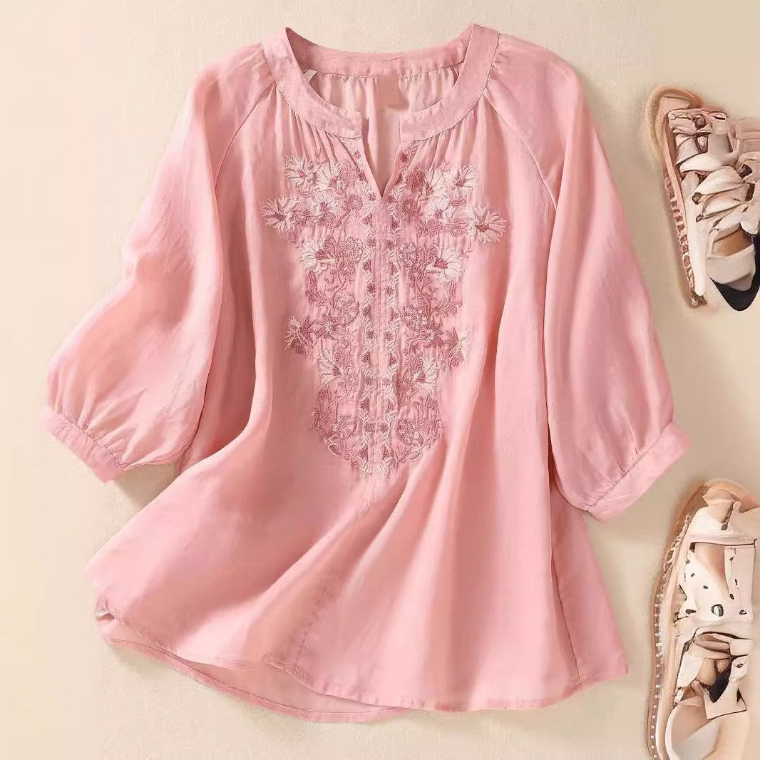 Women’s Cotton and Linen Embroidered Top | Three-Quarter Sleeve Floral Pullover Blouse – M to 4XL
