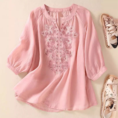 Women’s Cotton and Linen Embroidered Top | Three-Quarter Sleeve Floral Pullover Blouse – M to 4XL
