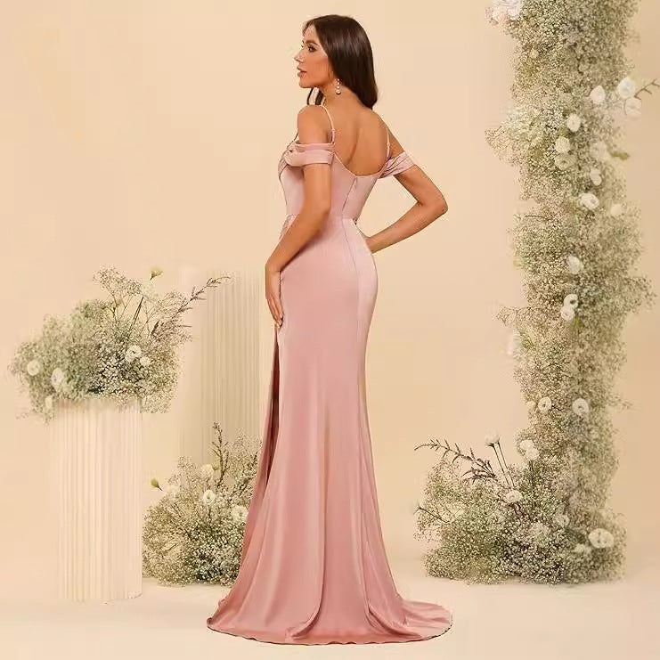 Elegant Off-the-Shoulder Satin Corset Ball Gown for Bridesmaids
