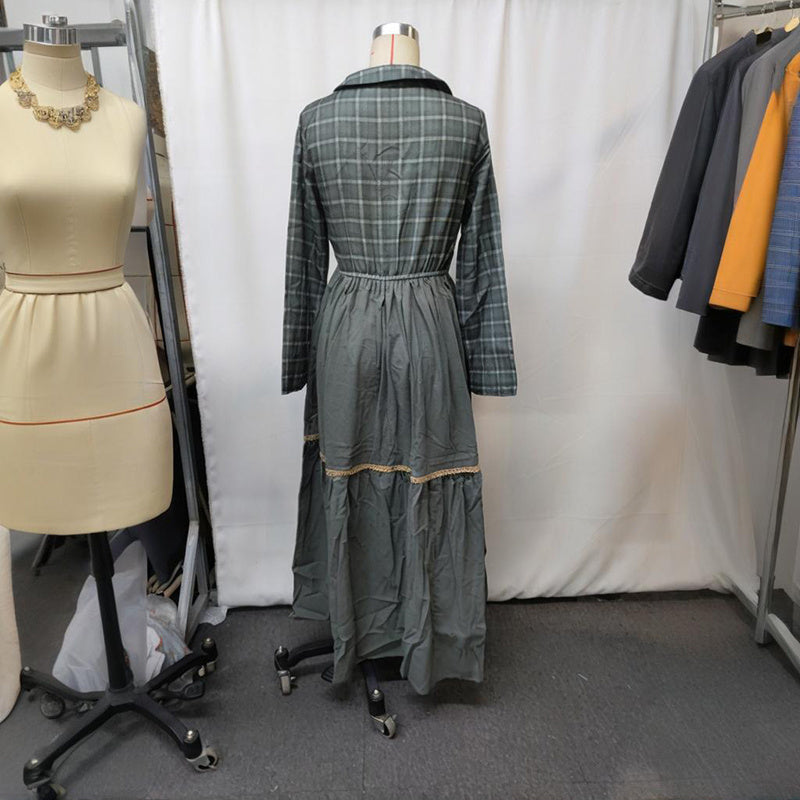 Women's Striped Maxi Dress – Lapel Collar, Button-Front, Long Sleeve A-Line Dress for Camping & Vacation