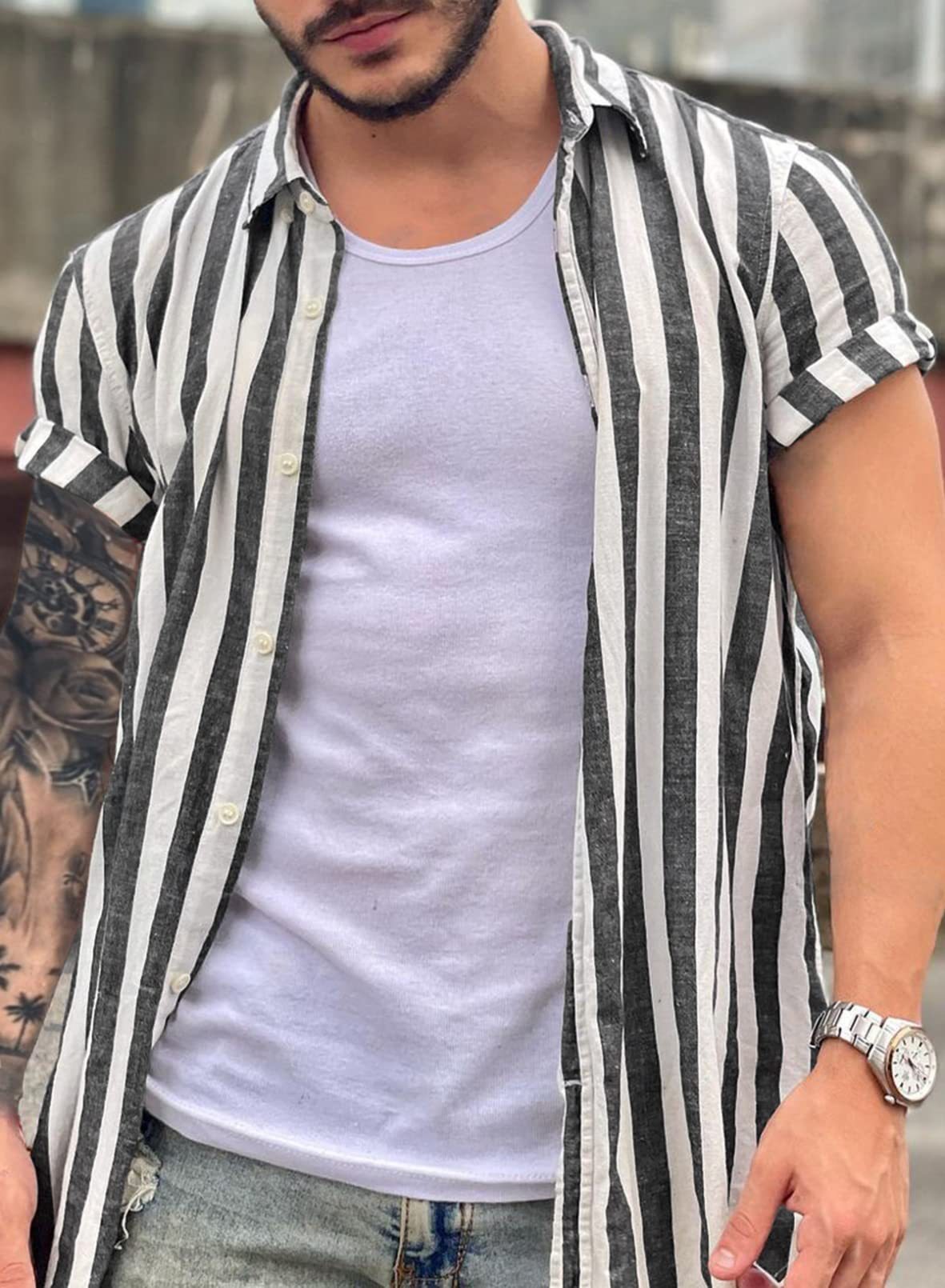 Lapel Striped Cardigan Linen Short Sleeve Shirt For Men