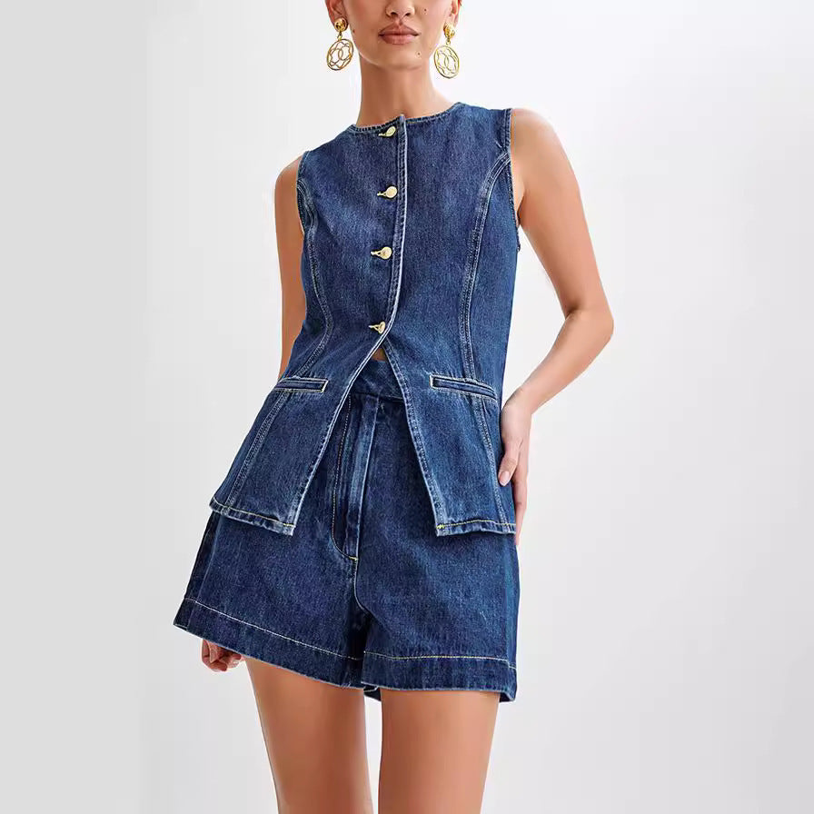 Fashion Denim Suit - Summer Casual Sleeveless Button Vest Top and High Waist Shorts Set for Women