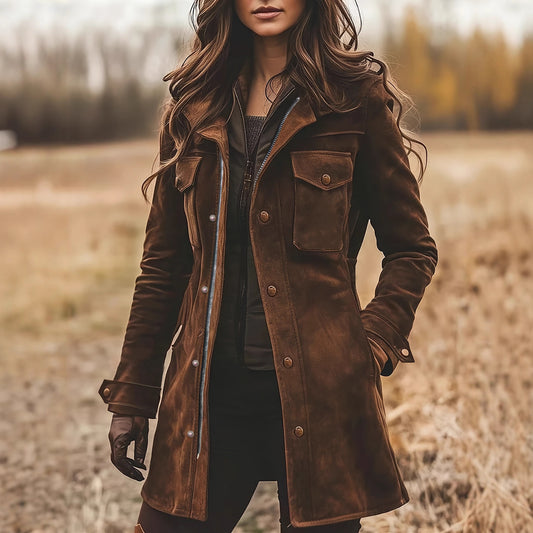 Women's Retro Lapels Brown Suede Casual Jacket