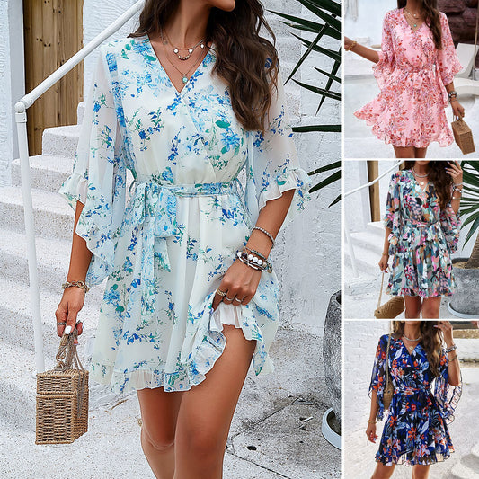 Summer Floral Print Short Sleeves Dress Lace Up Ruffles Design Fashion V-neck Short Dresses Womens Clothing - myETYN