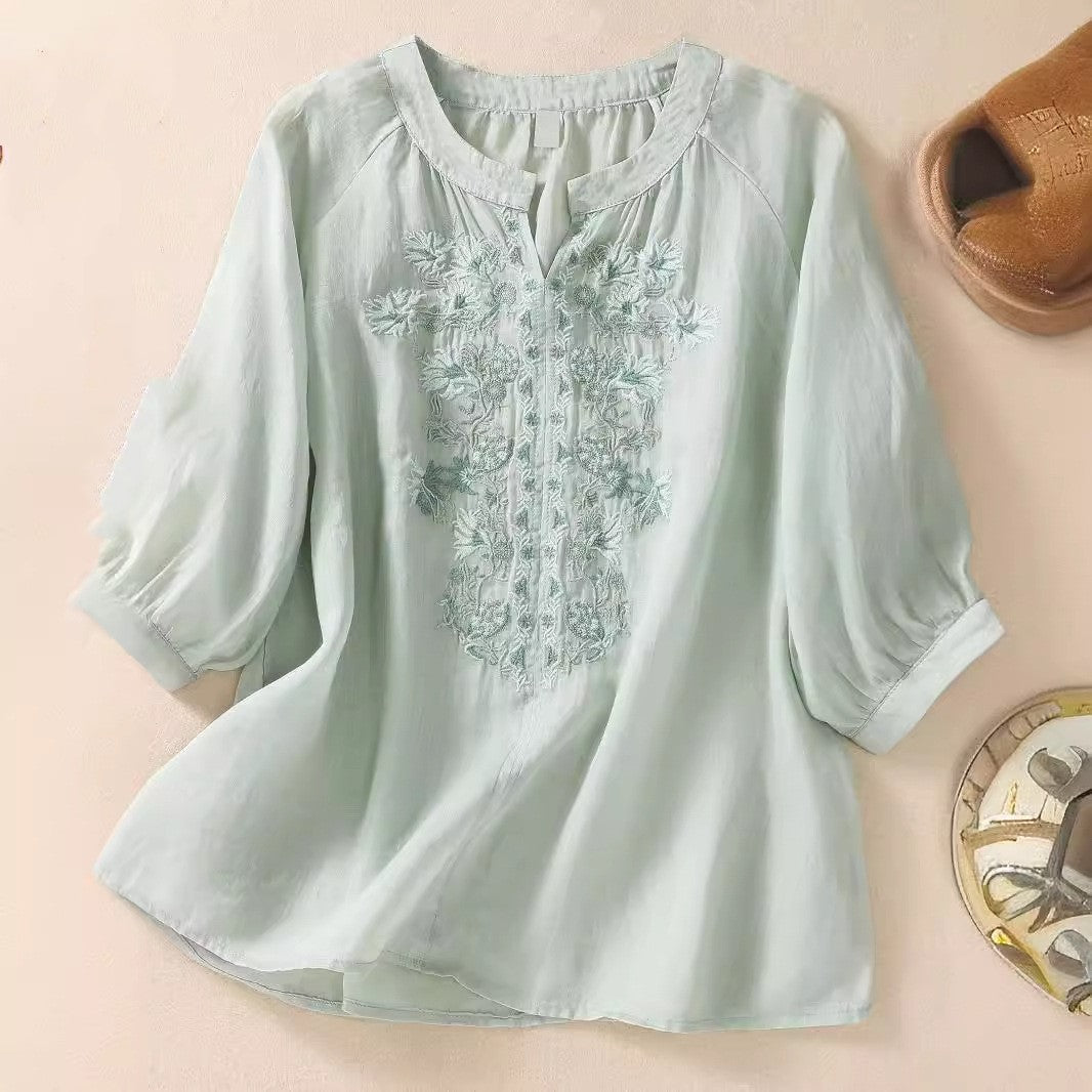 Women’s Cotton and Linen Embroidered Top | Three-Quarter Sleeve Floral Pullover Blouse – M to 4XL