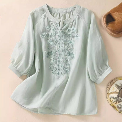Women’s Cotton and Linen Embroidered Top | Three-Quarter Sleeve Floral Pullover Blouse – M to 4XL