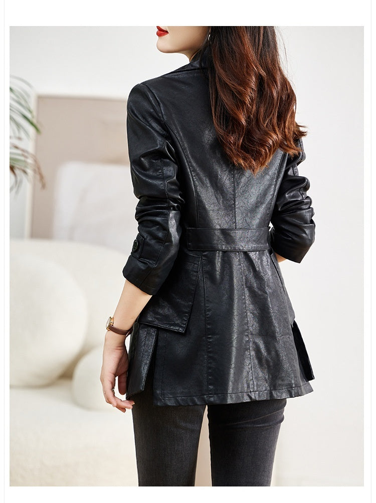 Women’s Mid-Length Sheepskin Leather Coat – Elegant Spring & Autumn Outerwear