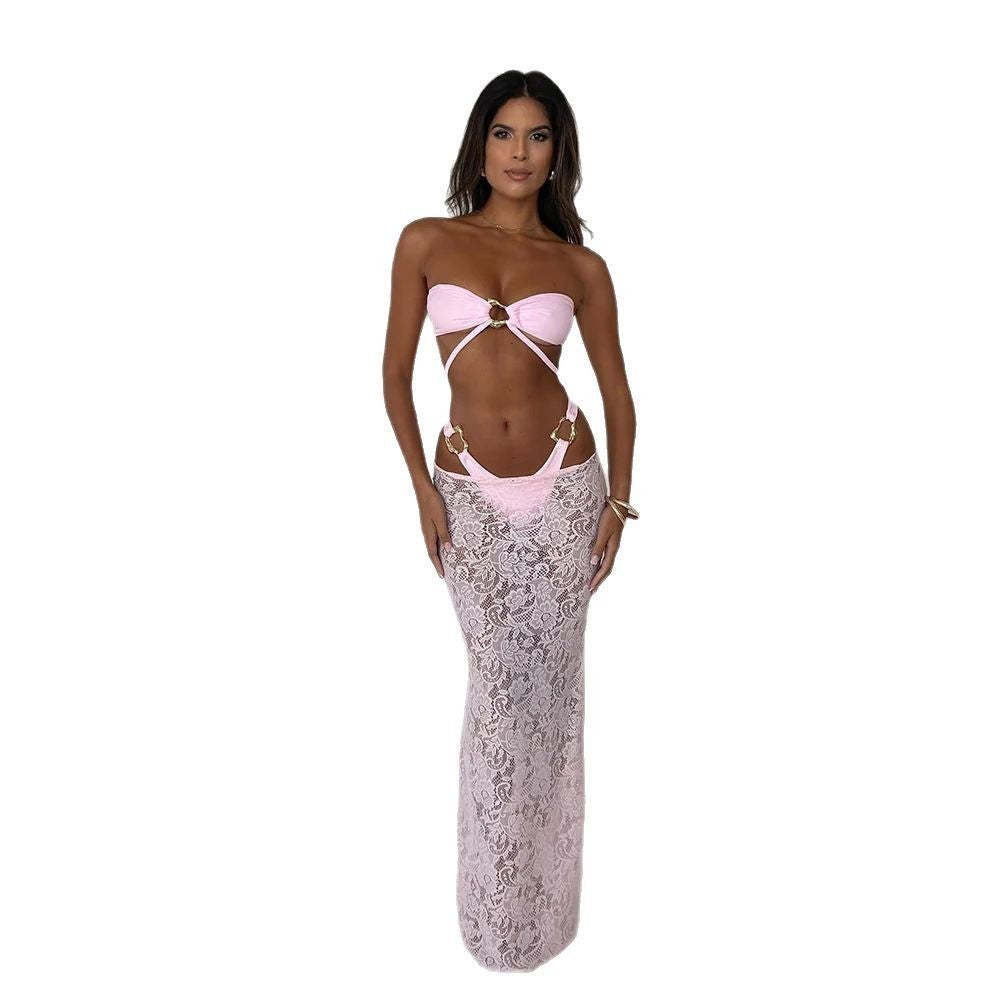 Bikini Tube Top Women's Swimsuit Long Skirt 3 Pieces Suit